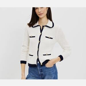 LOFT White Cardigan with Navy Accents